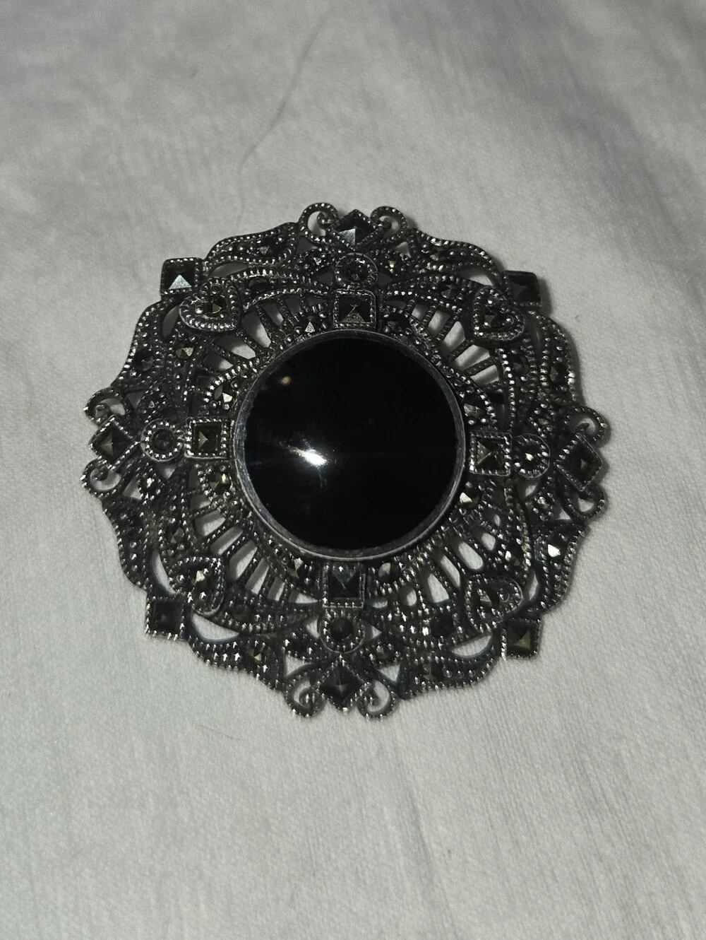 Vintage-Style Filigree Black Onyx Center Brooch Marked 925